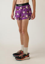 Purple ChicknLegs running shorts with cute cow and chocolate bar pattern