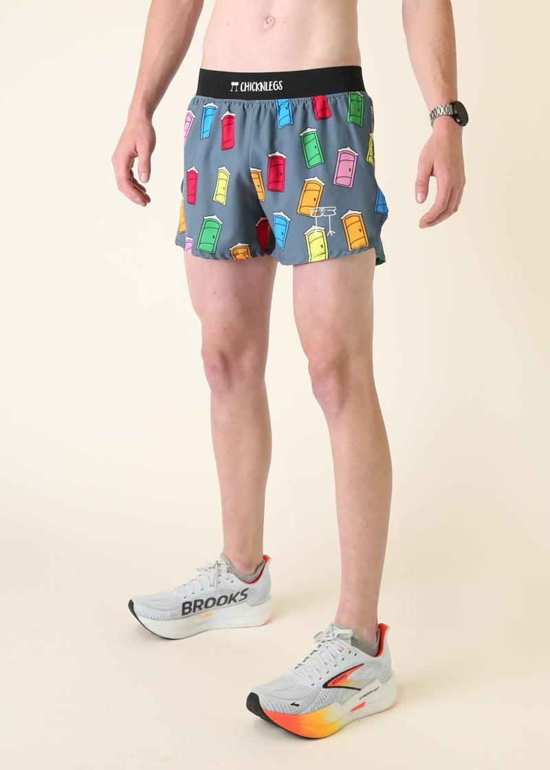 ChicknLegs men's gray running shorts with colorful porta potty print pattern