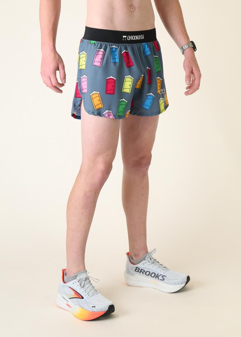 ChicknLegs men's running shorts with colorful porta potty print pattern on gray background