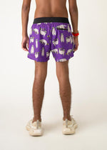 Purple men's running shorts with cute sloth pattern, 4-inch inseam