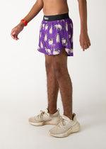 Purple running shorts with sloth pattern and black waistband on male model
