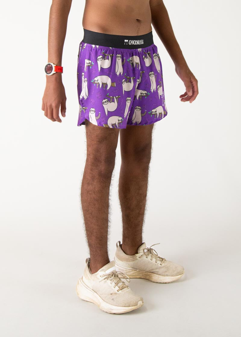 ChicknLegs men's purple running shorts with cute sloth pattern and black waistband