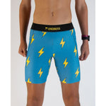 Chicknlegs men's blue compression shorts with yellow lightning bolt pattern