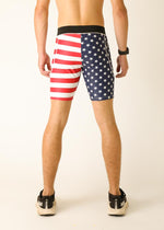 Men's compression shorts featuring American flag design with stars and stripes pattern