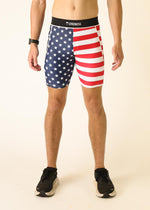 ChicknLegs men's compression shorts featuring American flag design with stars and stripes