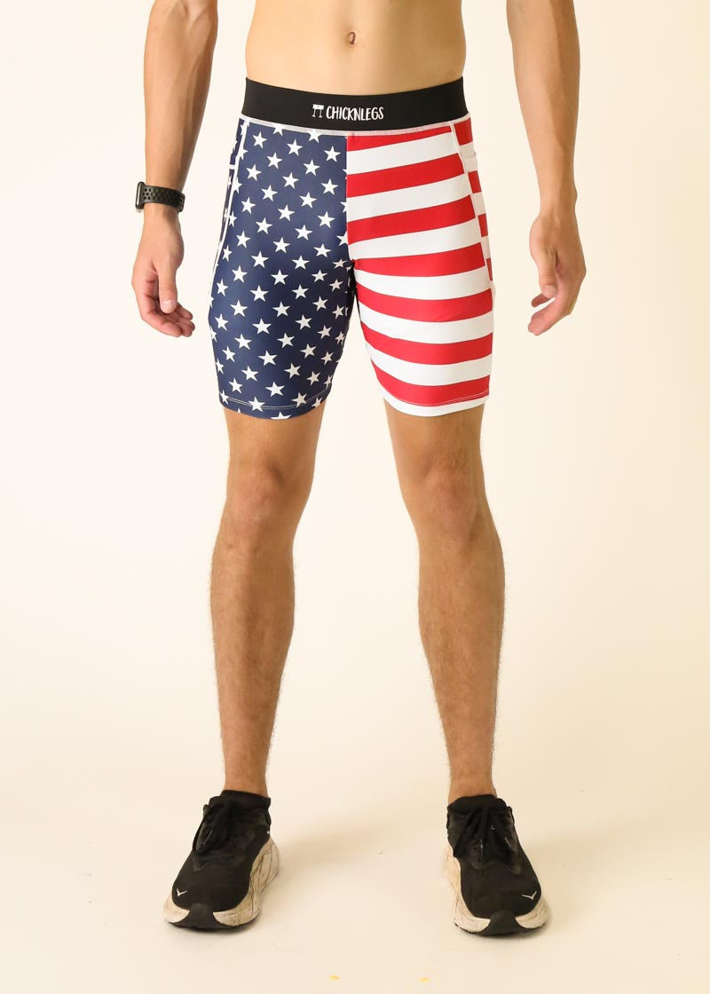 ChicknLegs men's compression shorts featuring American flag design with stars and stripes