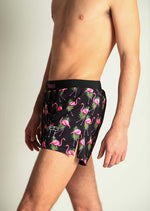 ChicknLegs men's black swim shorts with pink flamingo and tropical pattern