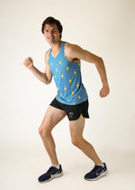 Man wearing blue performance singlet with yellow lightning bolt pattern while running