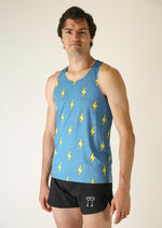 Man wearing blue athletic singlet with yellow lightning bolt pattern