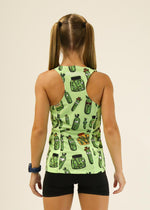 Back view of woman wearing green pickle-patterned performance tank top