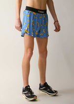 ChicknLegs 4-inch split running shorts in blue banana print pattern on male model