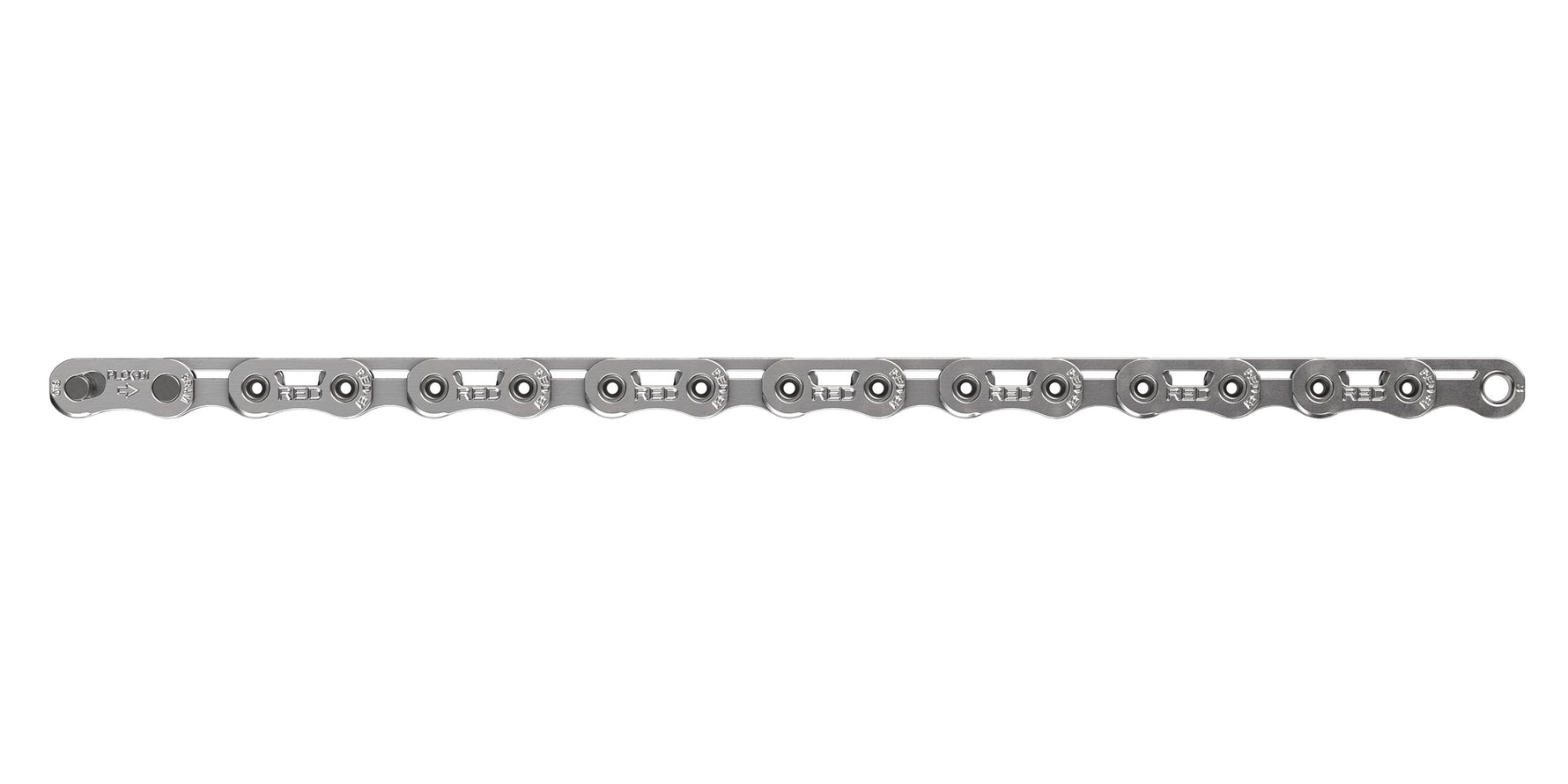 SRAM Red E1 Flattop 12-speed bicycle chain with PowerLock connector on white background
