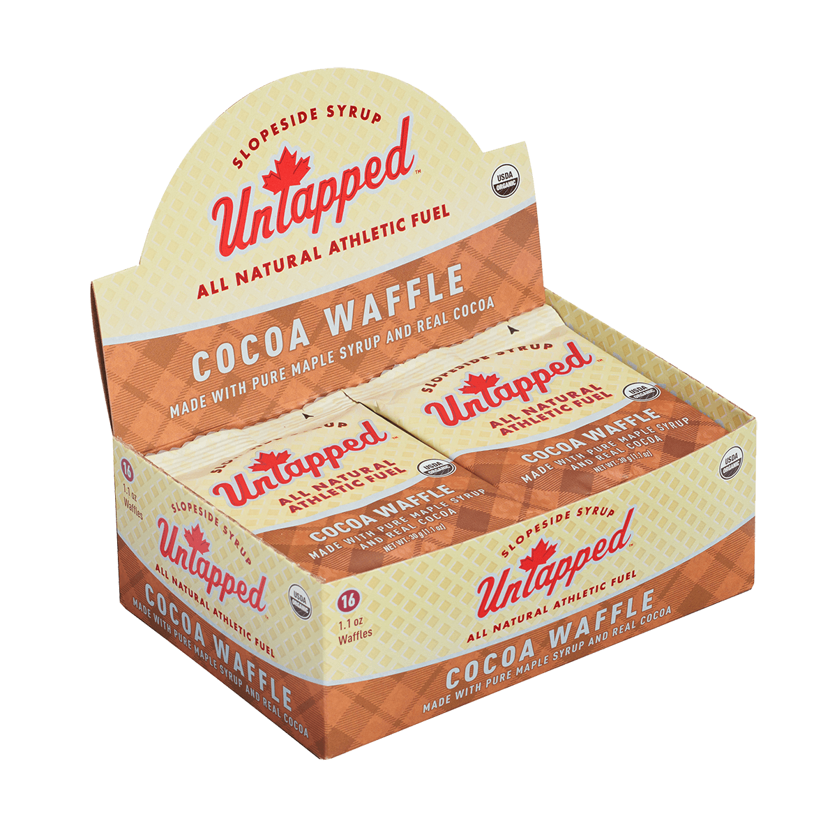 UnTapped Cocoa Waffle 16-count display box with individual waffle packets visible inside