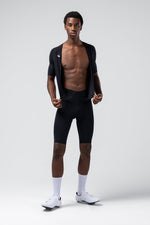 Black Gobik cycling bib shorts with short-sleeve jersey on model