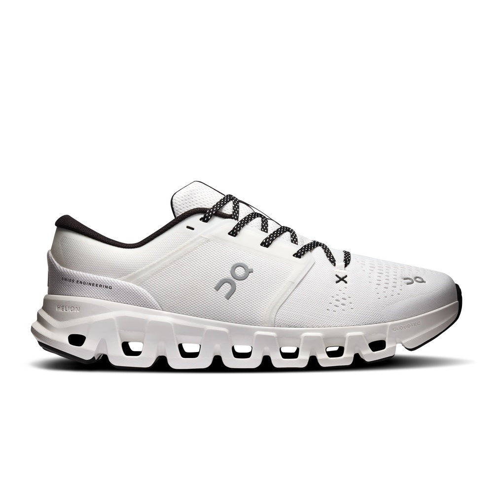 On Cloud X 5 running shoe in white and black with CloudTec sole, lateral view