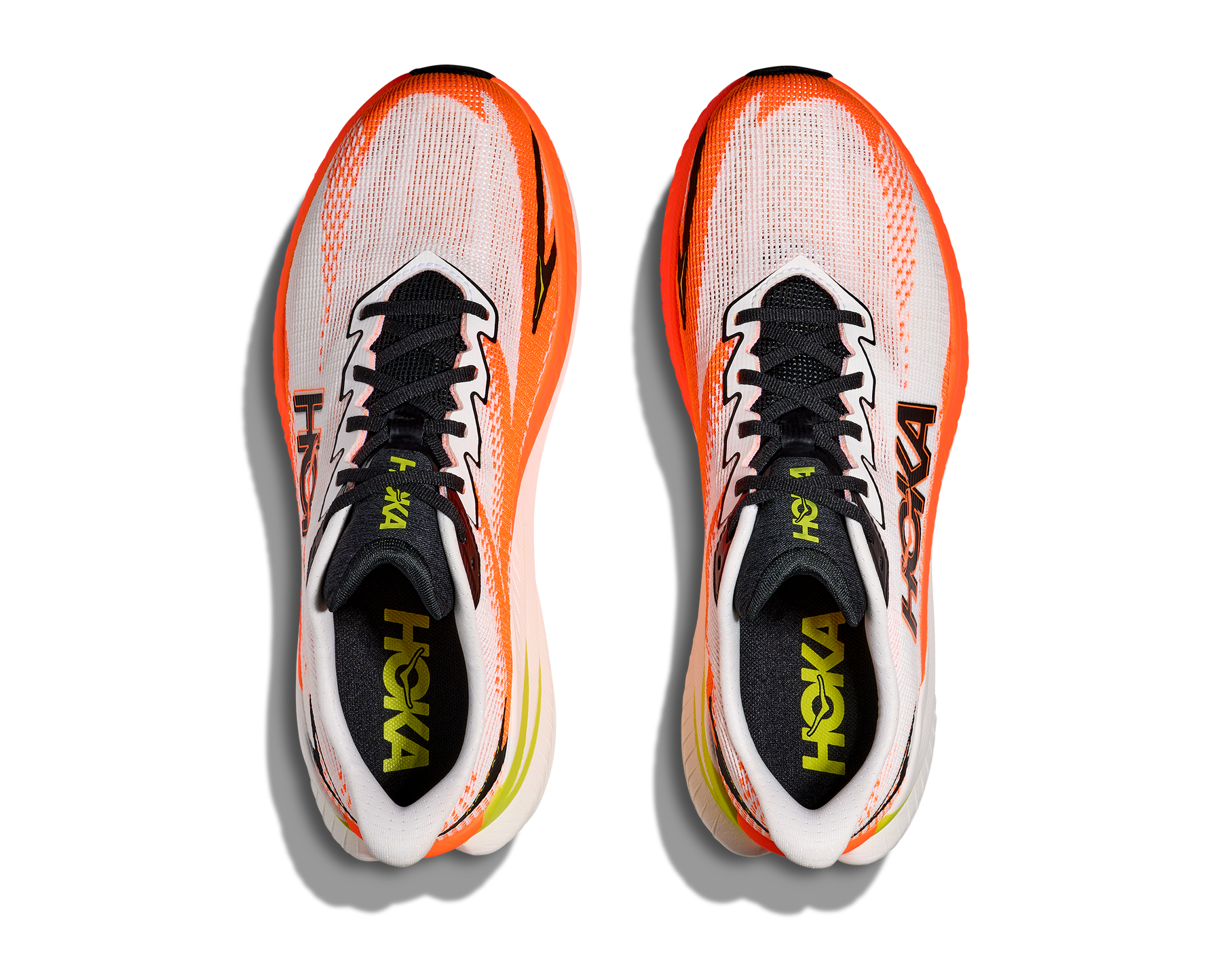 Hoka Mach X 3 running shoes in white and neon tangerine colorway
