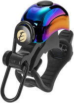 Electra bicycle bell with iridescent oil slick chrome finish and black mounting clamp