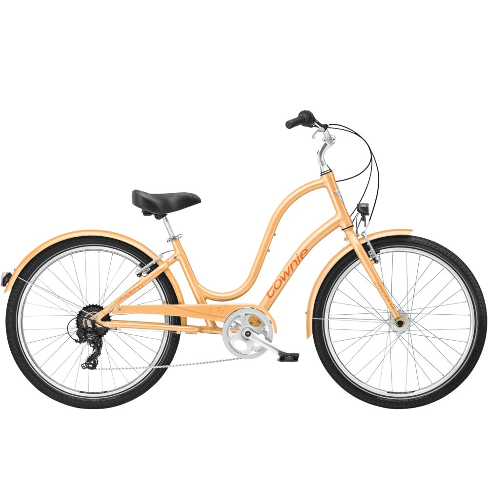 Electra Townie 7D EQ Step-Thru bicycle in orange/peach color with curved frame