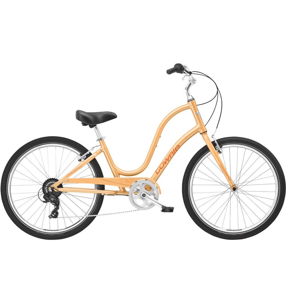 Orange Electra Townie step-through bicycle with curved frame and comfort handlebars