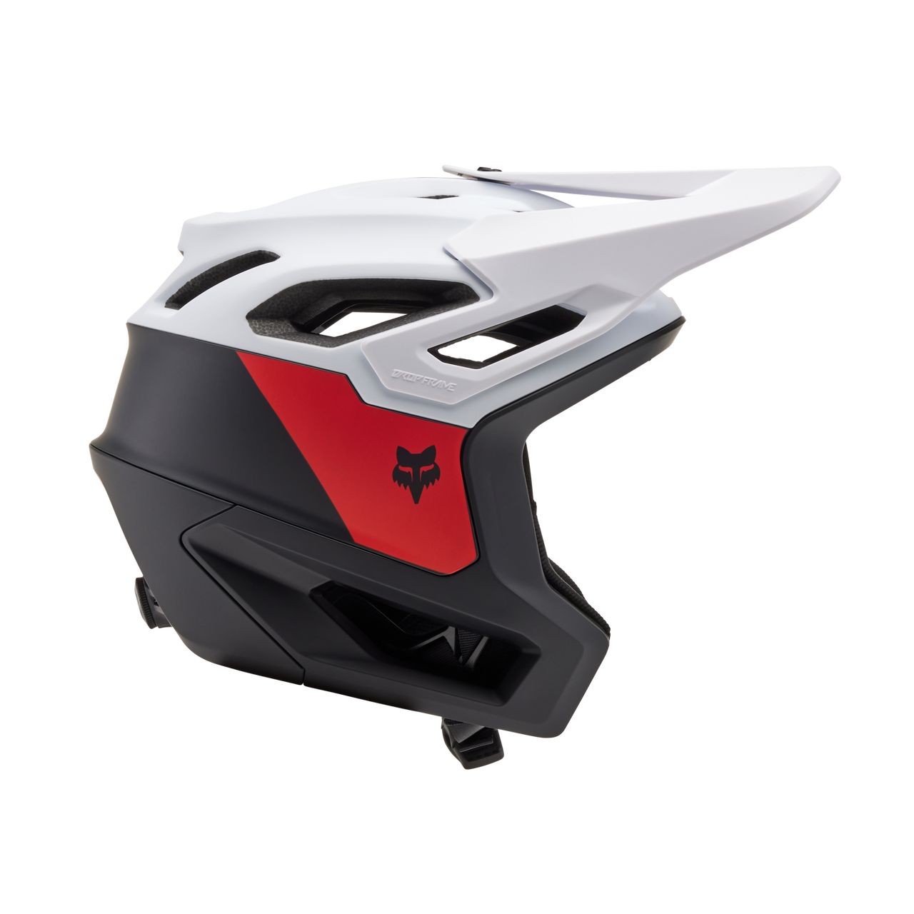 Fox Racing Dropframe Pro full-face mountain bike helmet in black, white, and red