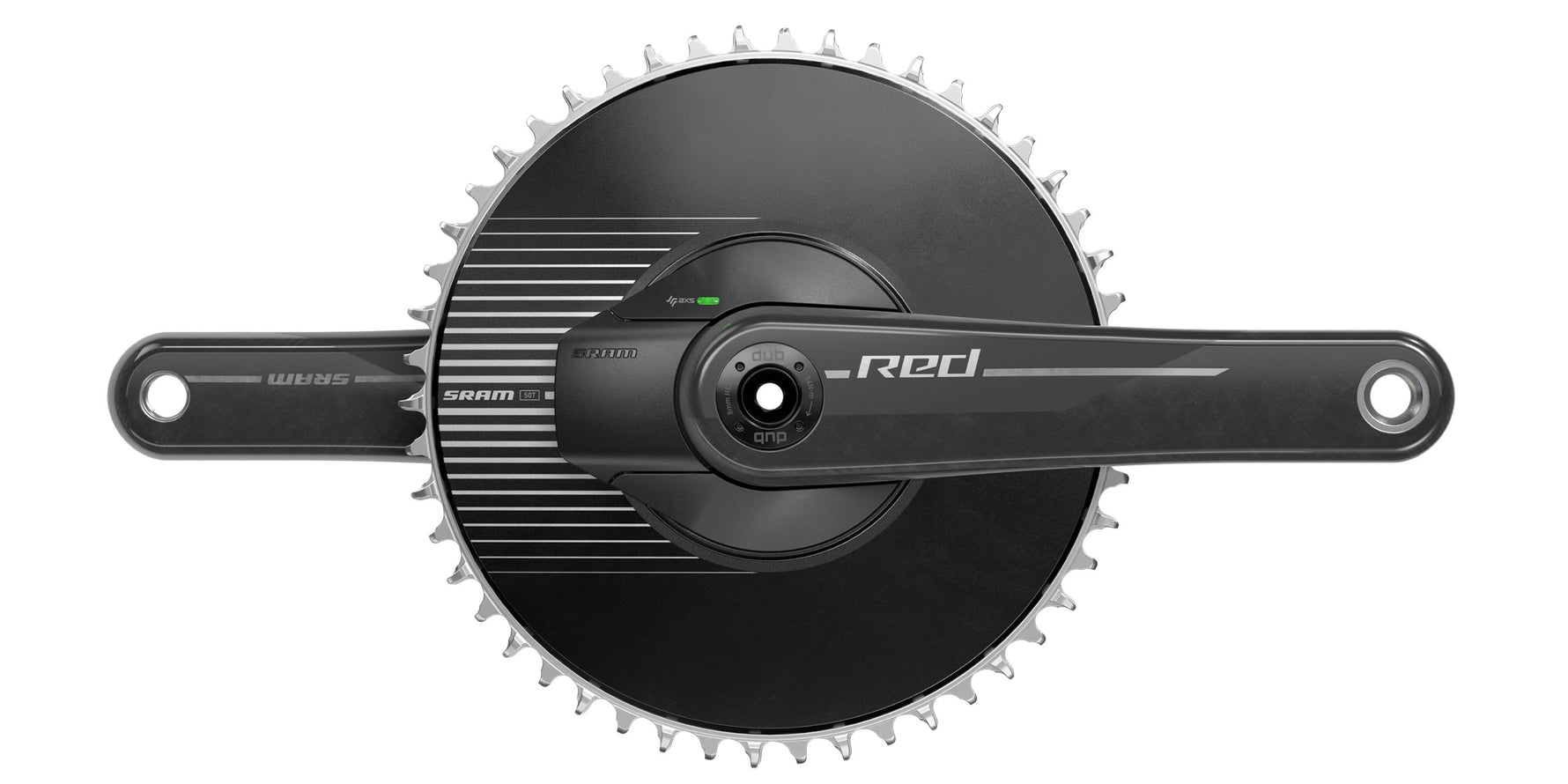 SRAM Red AXS crankset with large black chainring and carbon crank arm