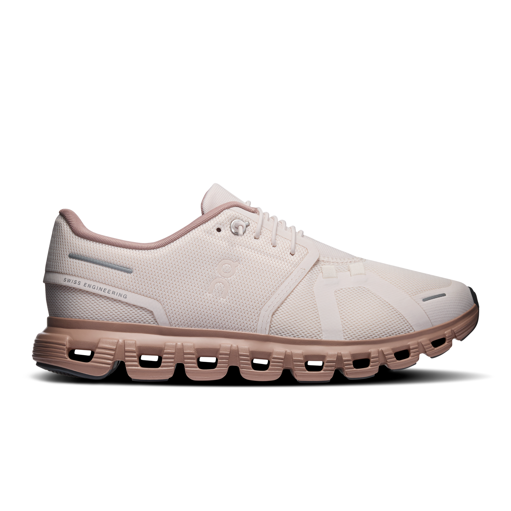 On Cloud 5 women's running shoe in oyster pink with biscuit rose sole