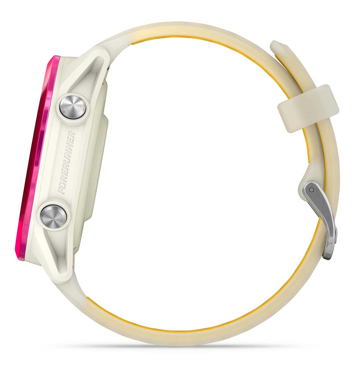 Garmin Forerunner smartwatch with cream case, pink accents, and light colored band