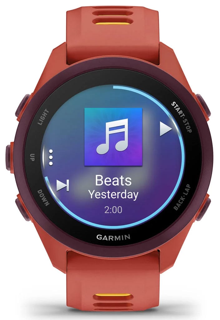 Garmin Forerunner 165 Music smartwatch in red with music playback interface displayed