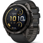 Garmin Fenix 9 Pro smartwatch in carbon gray titanium with black silicone band, angled view