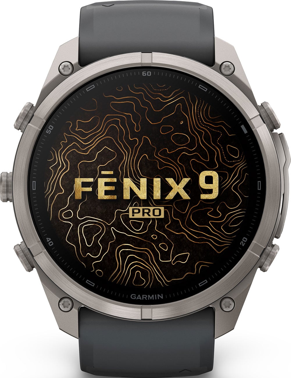 Garmin Fenix 9 Pro smartwatch front view showing topographic map watch face design