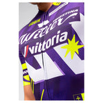 Close-up detail of Gobik CX Pro 4.0 violet jersey showing Wilier Triestina Vittoria Shimano sponsor logos