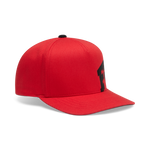 Fox Racing red snapback baseball cap with black embroidered Fox logo on front panel