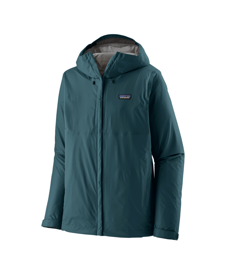 Patagonia Torrentshell 3L rain jacket in dark green with hood and zipper