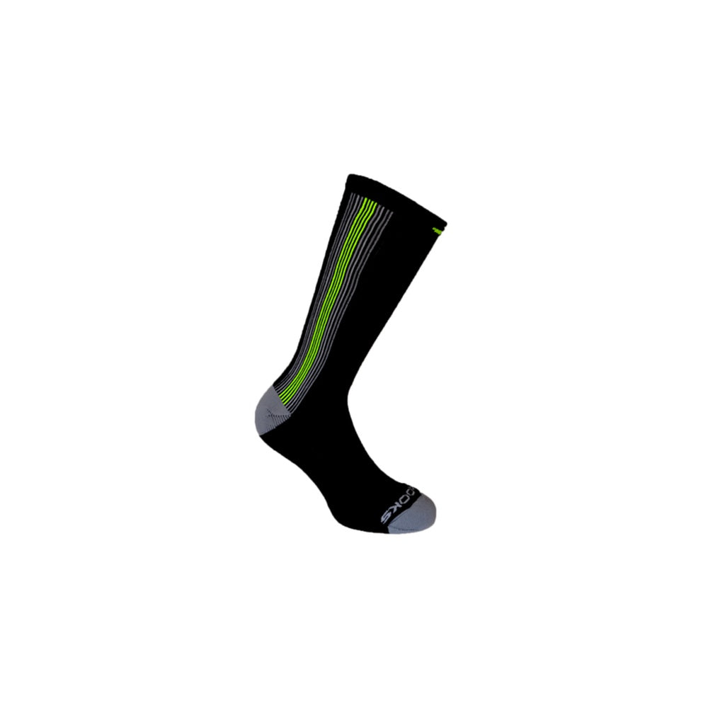 Brooks Surge Crew Sock in black with neon green vertical stripes and gray heel