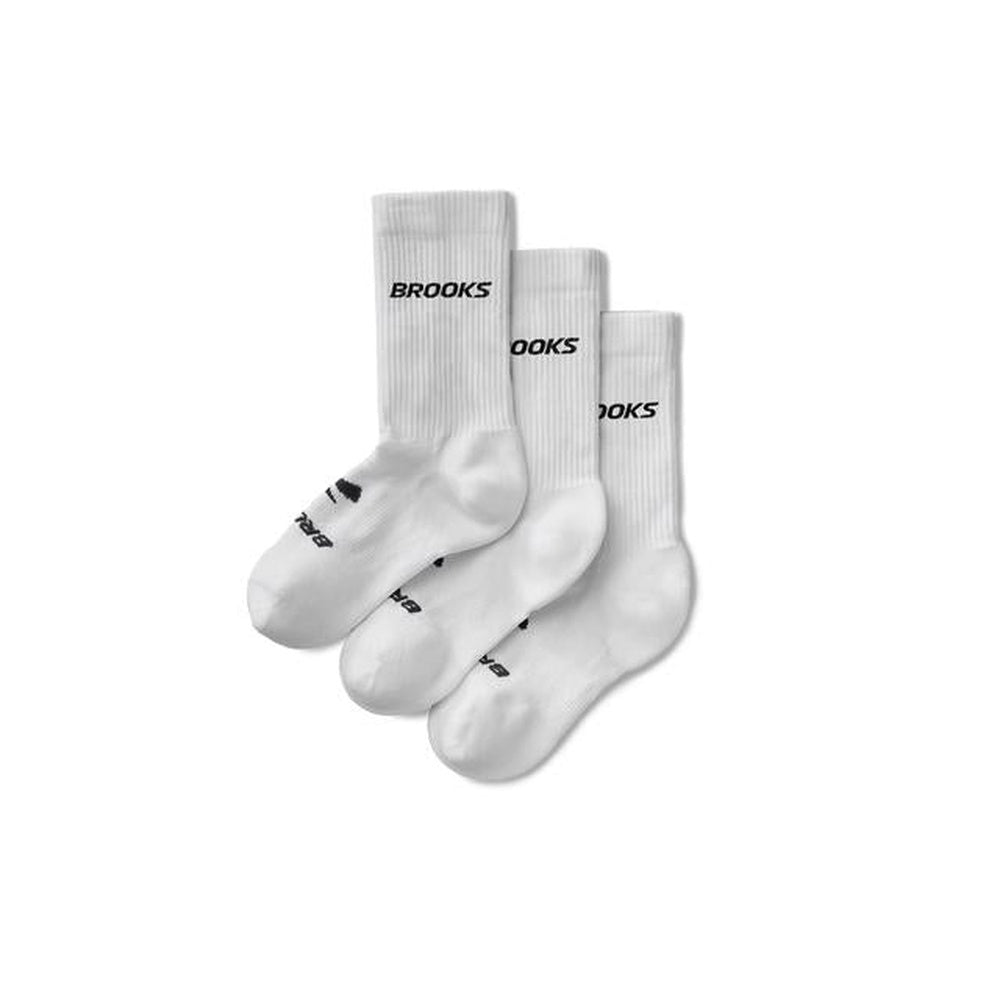 Brooks Run-In Crew Socks in white, set of three pairs stacked neatly