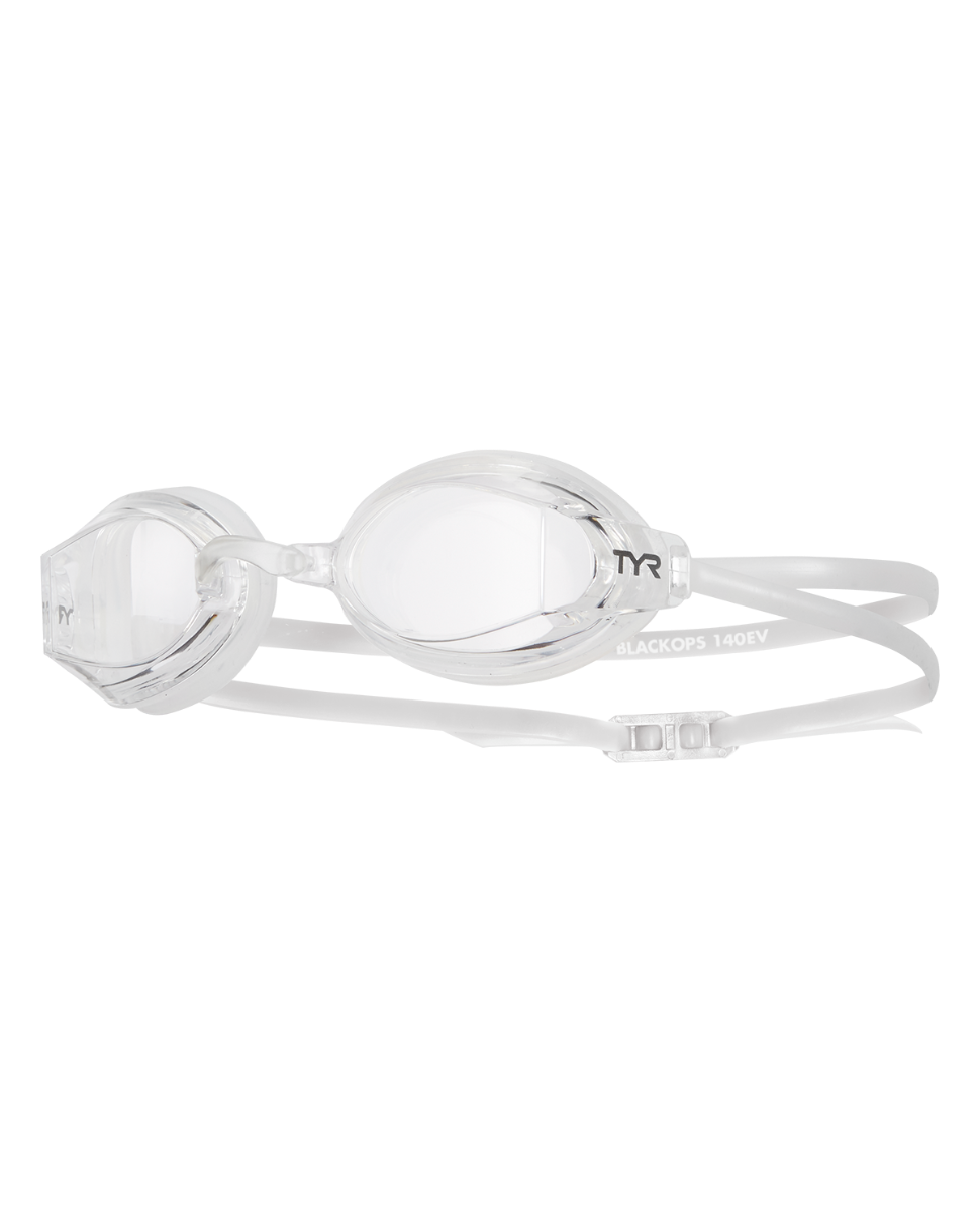 TYR Black Ops 140 EV Jr swimming goggles in clear/smoke with white strap