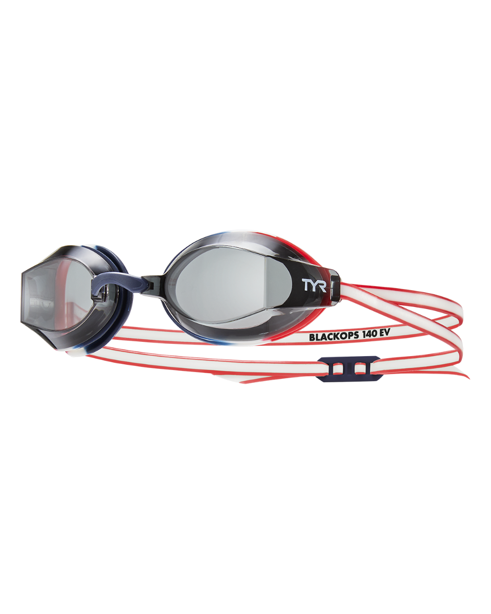 TYR Black Ops 140 EV racing goggles with clear lenses and red/blue strap