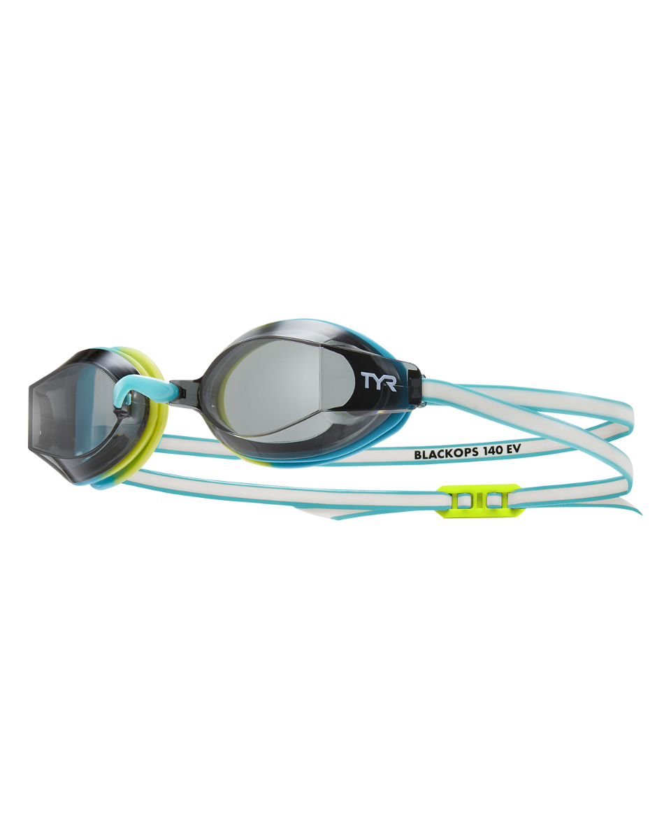 TYR BlackOps 140 EV racing goggles with smoke lenses and fluorescent green-blue straps