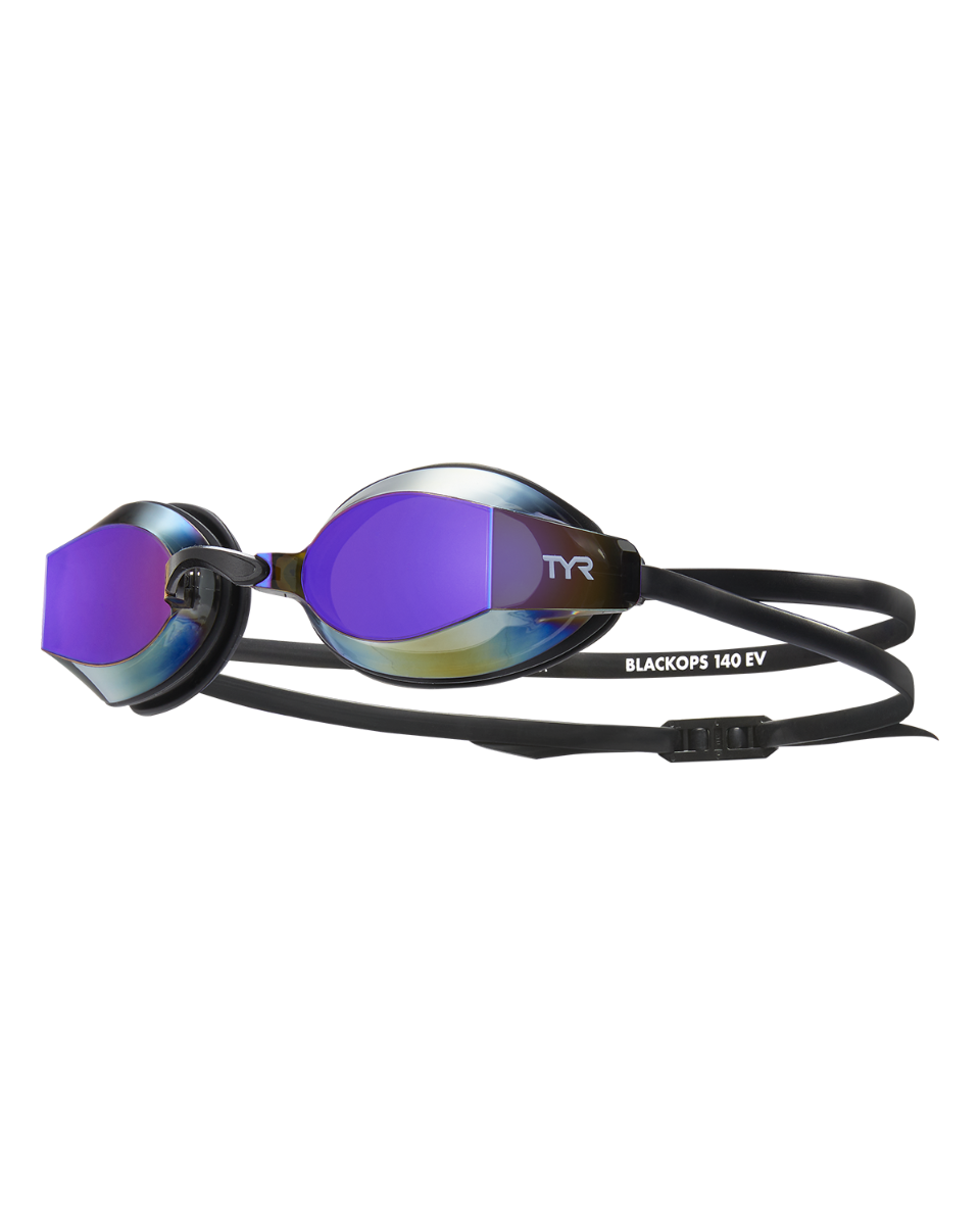 TYR Black Ops 140 EV racing goggles with mirrored purple lenses and black straps