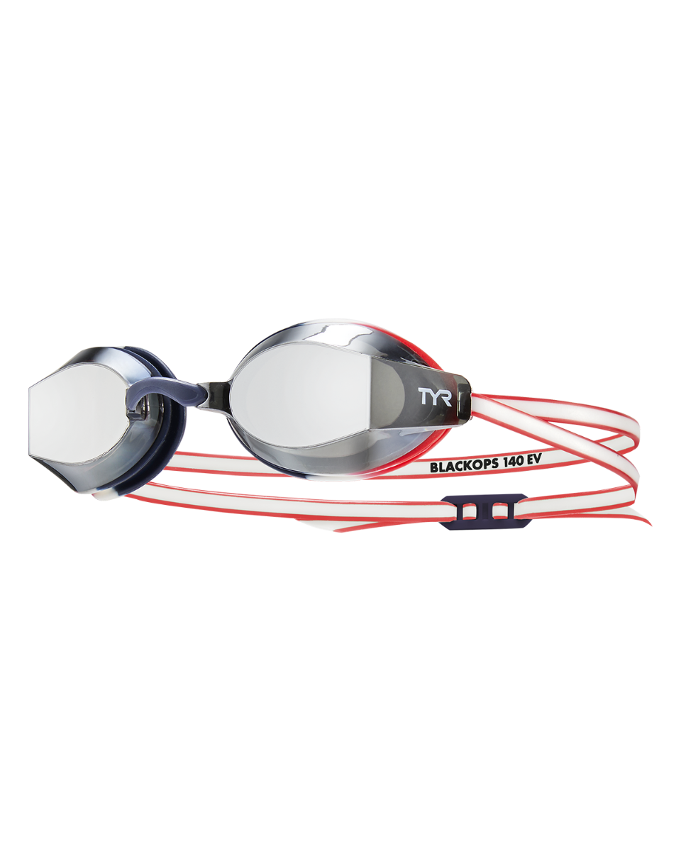 TYR Black Ops 140 EV mirrored racing goggles with red straps and silver lenses