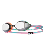 TYR Black Ops 140EV racing goggles with mirrored smoke lenses and colorful strap