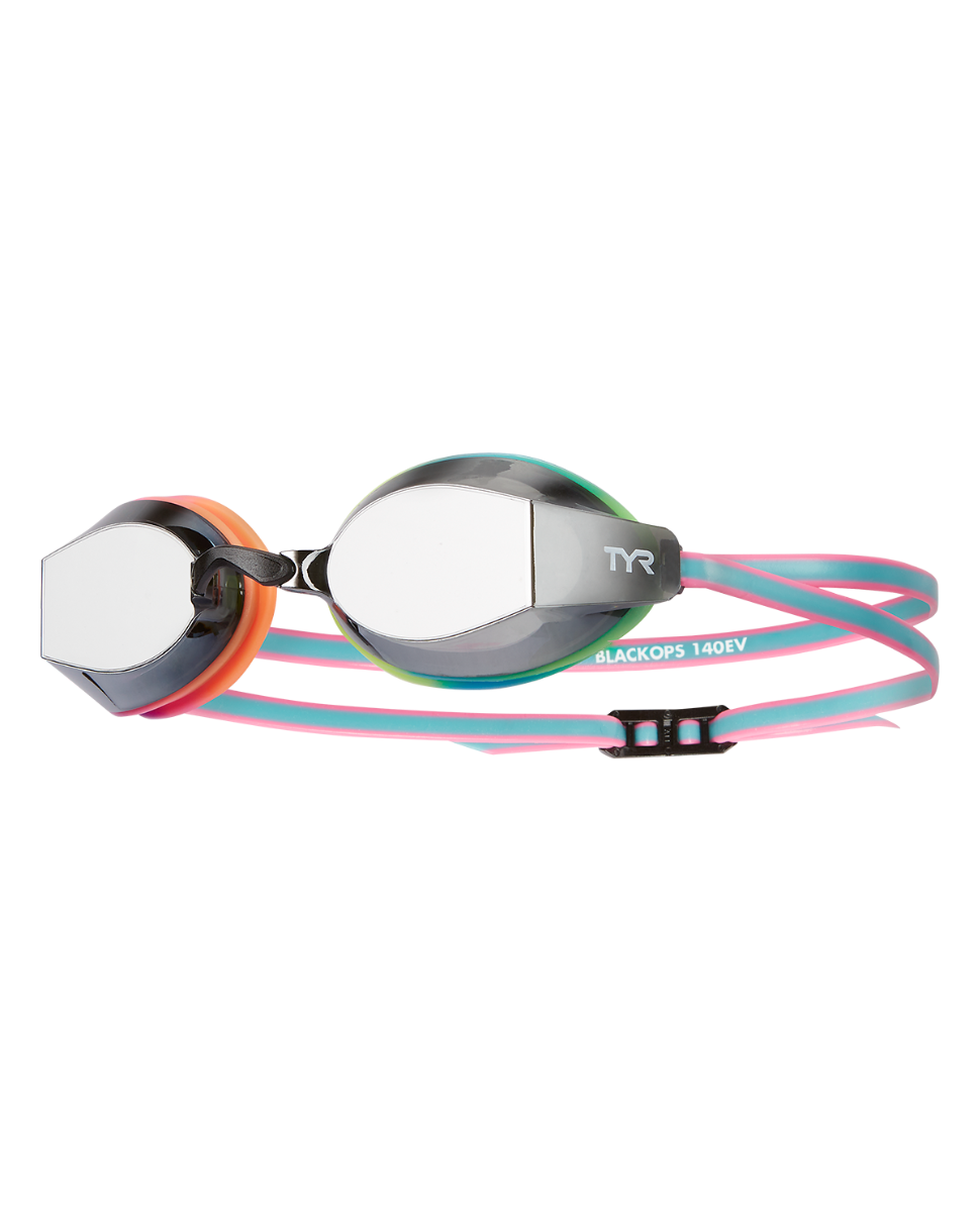 TYR Black Ops 140EV racing goggles with mirrored smoke lenses and colorful strap