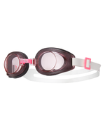 TYR youth swim goggles with pink frame and clear lenses on white background