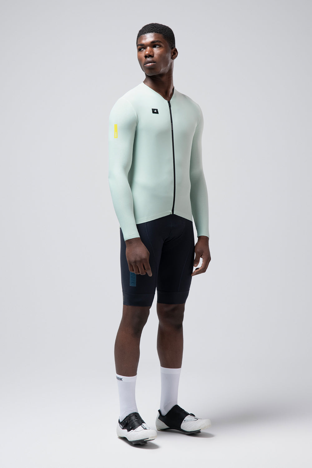 Gobik Avalon long sleeve cycling jersey in light mint green on male model