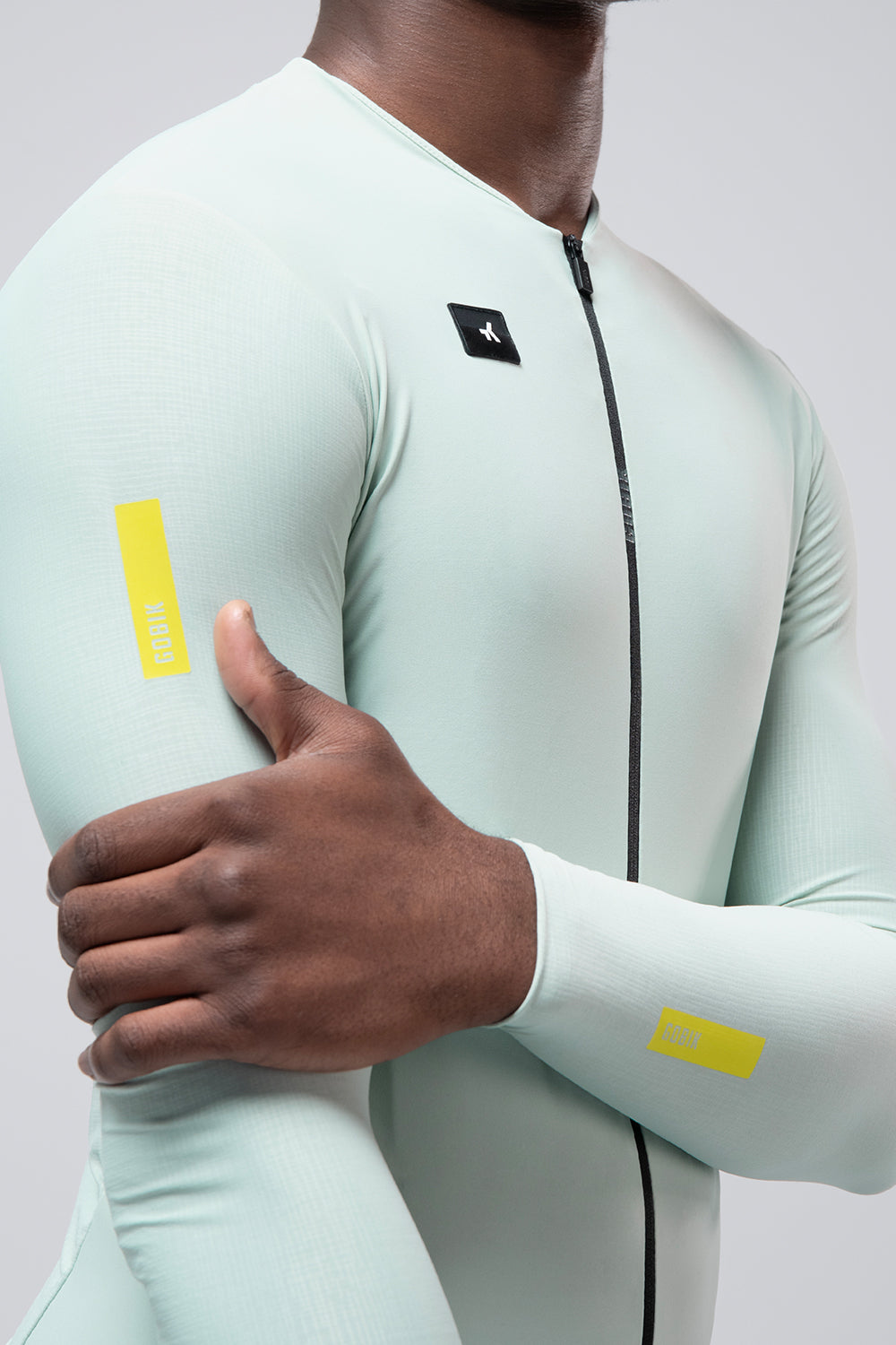 Gobik Avalon long sleeve cycling jersey in light mint green with yellow accents