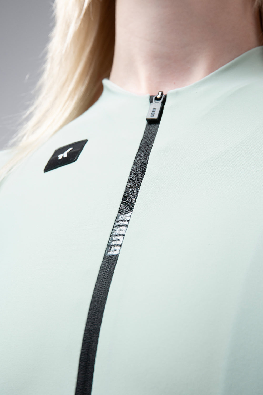 Gobik Avalon long sleeve cycling jersey in light mint green with black zipper detail