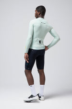Gobik Avalon long sleeve cycling jersey in halcyon green, rear view on model
