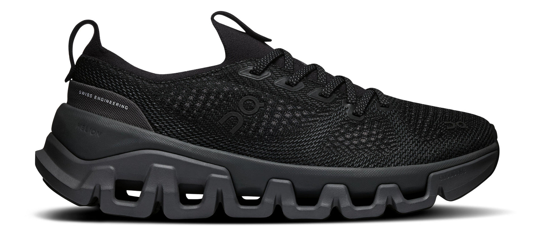 On Cloud X Tempo running shoe in all-black colorway with CloudTec sole, lateral view