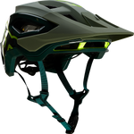 Fox Speedframe Pro mountain bike helmet in matte olive green with neon yellow accents