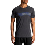 Brooks Distance Graphic T-Shirt in heather indigo with blue stripe design on male model